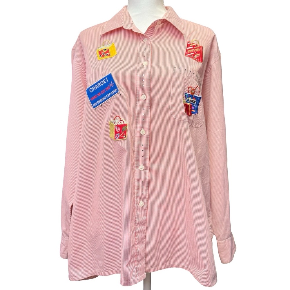 Vintage Mil Designs XL Striped Button Up Shirt Shopping Bags Patch Y2K